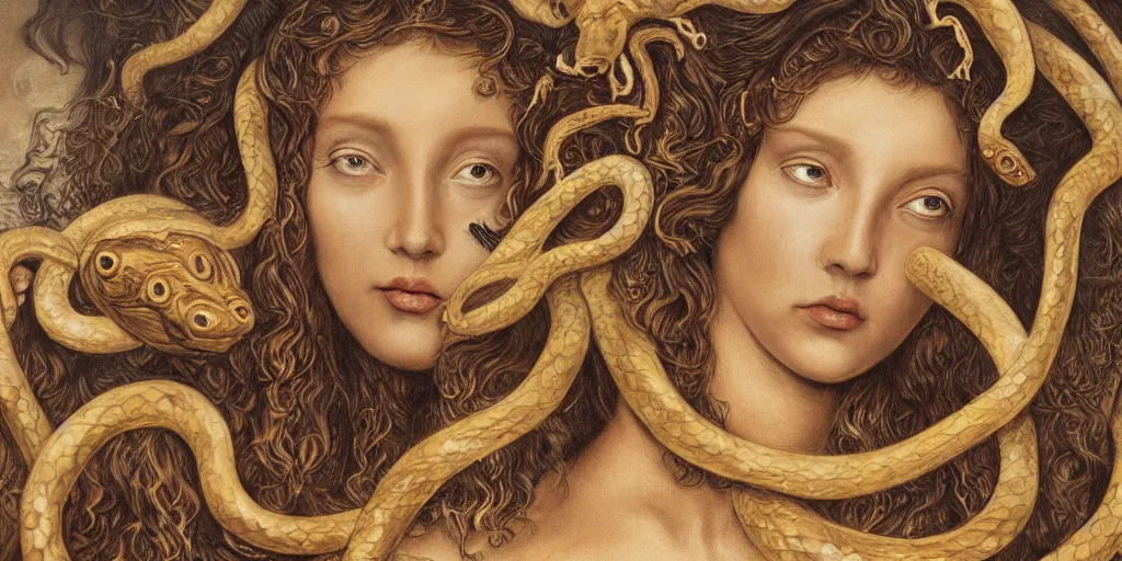 Prompt: realistic portrait of beautiful medusa with her snakes, golden, delicate, facing camera, hyper realism, 1 4 5 0, ink, ultra realistic, 8 k