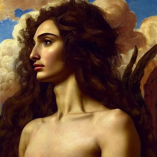 Image similar to Head and shoulders masterpiece portrait oil painting of the beautiful goddess Gal Gadot as Artemisa, she is wearing roman clothes and a surreal jewelry, her hair is natural disheveled, she is approaching heaven over the clouds, naturalism, dramatic lighting, high-detailed oil painting by Ilya Repin, Michelangelo da Caravaggio, William Blake, Alex Grey and Beksinski, trending on Artsation, hystorical painting, naturalism, masterpiece, 4k, 8k,