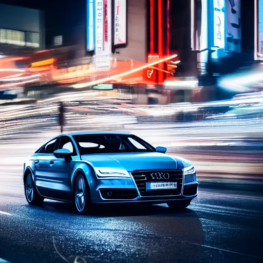 Prompt: photo of a audi a 7 at night driving fast through a city, cinematic, 4 k, long exposure photography, tokyo drift, fast and furious, kodak portra 4 0 0