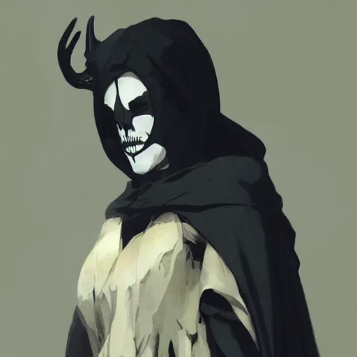 Prompt: portrait of a character wearing a black cloak, with a white mask in the shape of a deer skull, the mask covers her entire face, dramatic lighting, illustration by Greg rutkowski, yoji shinkawa, 4k, digital art, concept art, trending on artstation