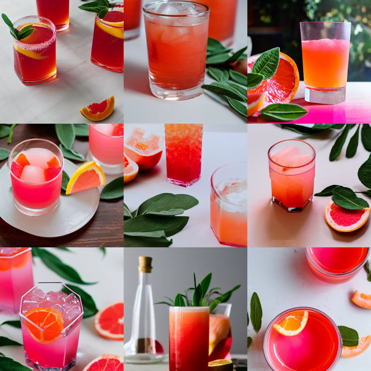 Prompt: sunlight shining through a red and pink gradient drink with grapefruit wedges and sage in hexagonal glass on a white table.