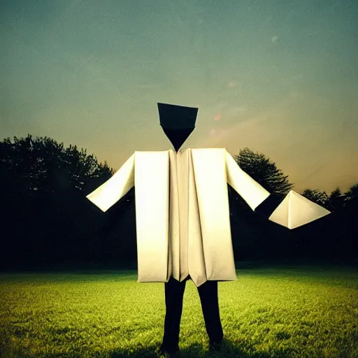 Image similar to a man made of origami dancing on a meadow, cinematic light