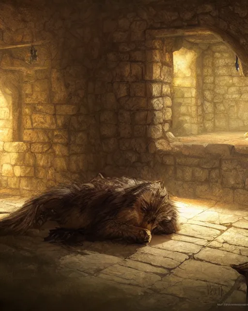 Prompt: medieum shot of a warg dire wolf sleeping on a mat in a corner of a adobe house, flat lime walls, torchlit, concept art by marc simonetti and christophe vacher, trending on artstation