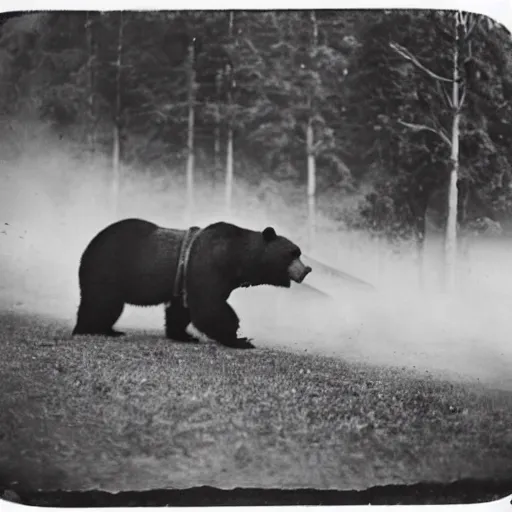 Prompt: a picture of a bear pulling a big canon behind him. the canon is harnessed to the horse and towed, ww 2, historial picture, western front