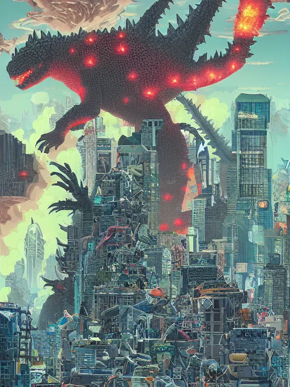 Image similar to a digital art of a Godzilla destroy the cyber city,by Chris Ware,Jane Newland,peter,gric,Peter Mohrbacher,aaron horkey trending on artstation,maximalist,full of color,glittering