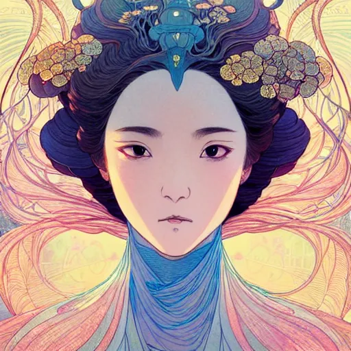 Image similar to a beautiful exquisite delicate hyperdetailed character design 4 k wallpaper illustration of a phoenix princess, victo ngai style, finely detailed perfect face delicate features directed gaze, style of studio ghibli, makoto shinkai, raphael lacoste, louis comfort tiffany, denoise, deblurring, artgerm, james jean, ross tran, alphonse maria mucha, chinese style