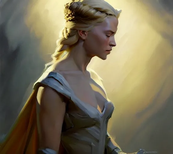 Prompt: greg manchess portrait painting of beautiful princess as game of throne character, medium shot, asymmetrical, profile picture, organic painting, sunny day, matte painting, by greg rutkowski, by greg tocchini, by james gilleard, by joe fenton, dynamic lighting, gradient light blue, brown, blonde cream and white color scheme, grunge aesthetic