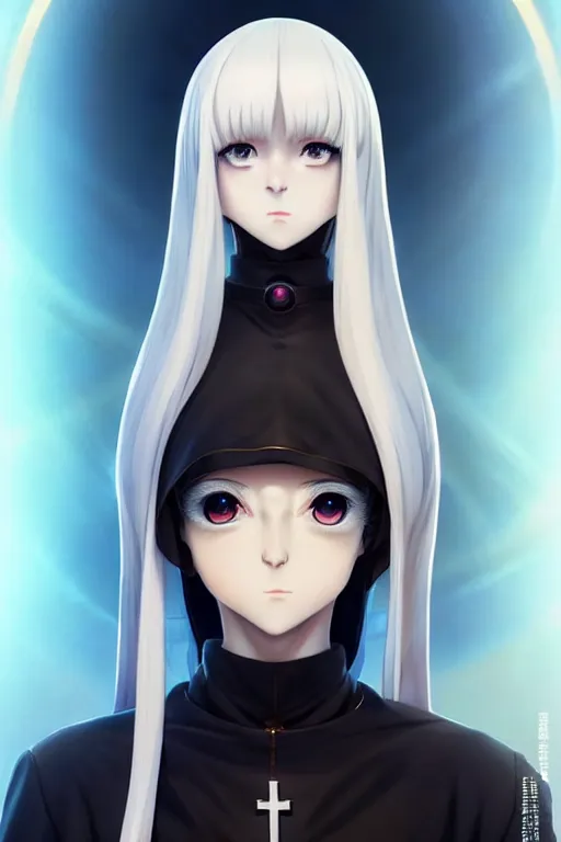 Image similar to portrait Anime cyborg girl in nun clothes, holy church Warhammer 40000, cute-fine-face, white-hair pretty face, realistic shaded Perfect face, fine details. Anime. realistic shaded lighting by Ilya Kuvshinov katsuhiro otomo ghost-in-the-shell, magali villeneuve, artgerm, rutkowski, WLOP Jeremy Lipkin and Giuseppe Dangelico Pino and Michael Garmash and Rob Rey