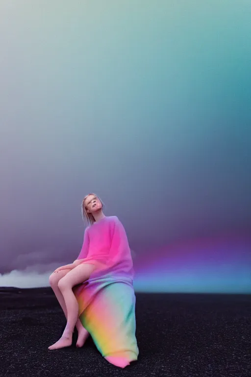 Image similar to high quality pastel coloured film photograph of a model wearing clothing resting on cloud furniture in a icelandic black rock environment in a partially haze filled dreamstate world. three point light, rainbow. photographic production. art directed. pastel colours. volumetric clouds. pastel gradient overlay. waves glitch artefacts. 8 k. filmic.