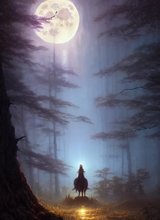 Image similar to fantasy book cover, full moon, fantasy forest landscape, golden elements, fantasy magic, dark light night, intricate, elegant, sharp focus, illustration, highly detailed, digital painting, concept art, matte, art by WLOP and Artgerm and Greg Rutkowski and Albert Bierstadt, masterpiece