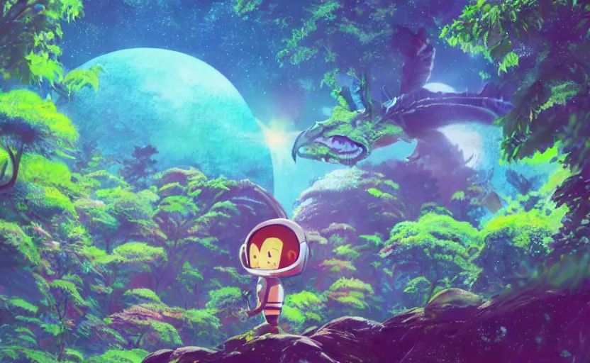 Prompt: a still of a cute adorable tiny astronaut, on a planet of lush colorful foliage, with an enormous kaiju dragon in the background, magical forest, sharp focus, neon backlit, highly detailed, disney pixar studio ghibli makoto shinkai, digital painting, matte, octane render, global illumination, iridescent, anime, 8 k concept art