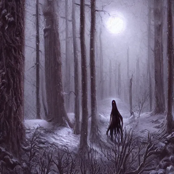 Image similar to cloaked humanoid wendigo feasting, nighttime located in a snowy dark forest, lurking horror, distant shot, dungeons and dragons, magic the gathering, forboding, high detail, oil painting, style of seb mckinnon