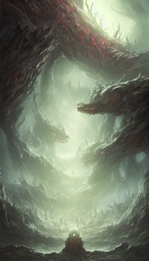 Prompt: a storm vortex made of many demonic eyes and teeth over a forest, by ross tran