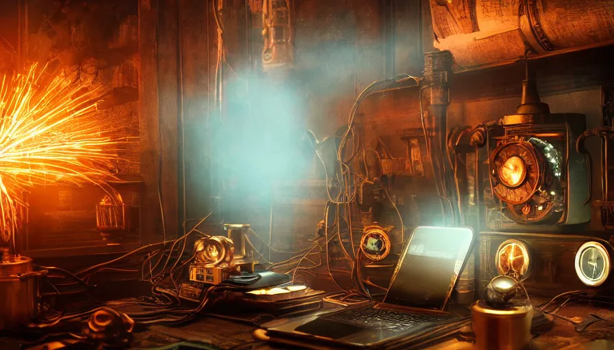 Prompt: A glowing electrical Steampunk laptop in a victorian museum, james gurney, cinematic lighting, lots of steam and sparks, wires made of copper, artstation, vibrant nature, Tuomas Korpi, tekkon kinreet, volumetric light, artstation, , octane render, redshift render, low angle camera, rich deep moody colors