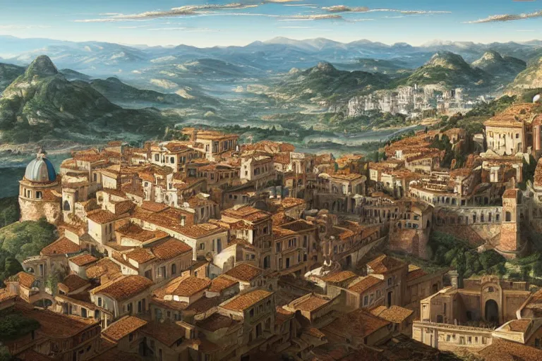 Prompt: an ultra detailed matte landscape painting of an italian renaissance capital city built on top of a large hill sweeping vista, italian renaissance architecture, ultrawide lense, aerial photography, 8 k, volumetric lighting, smooth, highly detailed, digital illustration, art by greg rutkowski and akira toriyama and artgerm