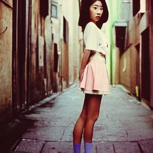 Image similar to 1990s perfect 8K HD professional cinematic photo of close-up japanese schoolgirl posing in sci-fi dystopian alleyway at evening, at instagram, Behance, Adobe Lightroom, with instagram filters, depth of field, taken with polaroid kodak portra