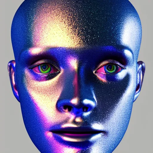 Image similar to 3d render of holographic human robotic head made of glossy iridescent, surrealistic 3d illustration of a human face non-binary, non binary model, 3d model human, cryengine, made of holographic texture, holographic material, holographic rainbow, concept of cyborg and artificial intelligence