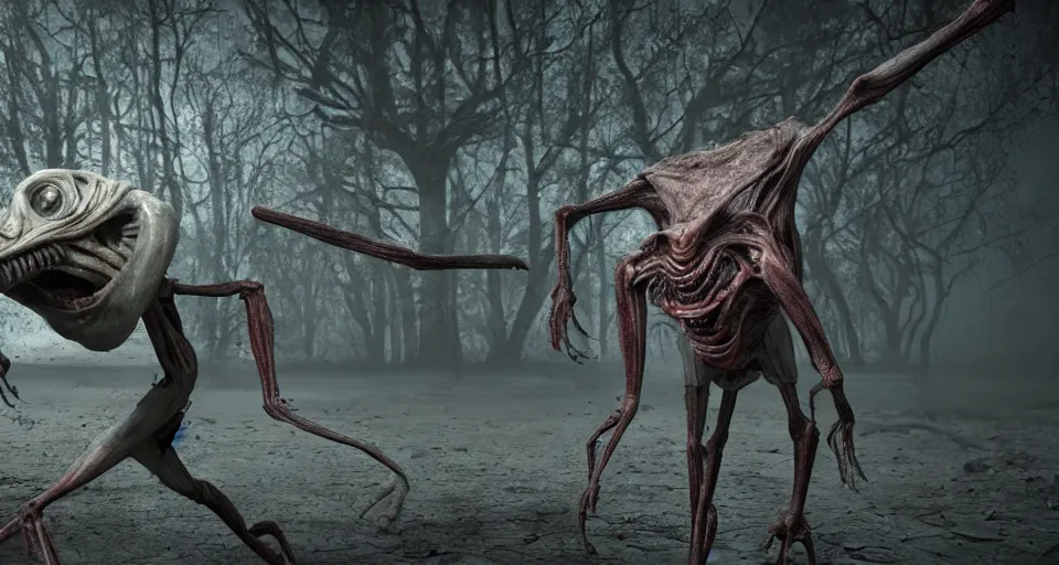 Image similar to still from a horror movie of grotesque alien lunging towards the camera, highly detailed, horror movie scene, unreal engine, octane render, natural light outside