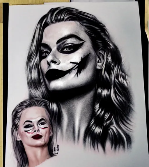 Image similar to tattoo design sketch of beautiful margot robbie portrait with joker makeup, in the style of den yakovlev, realistic face, black and white, realism tattoo, hyper realistic, highly detailed