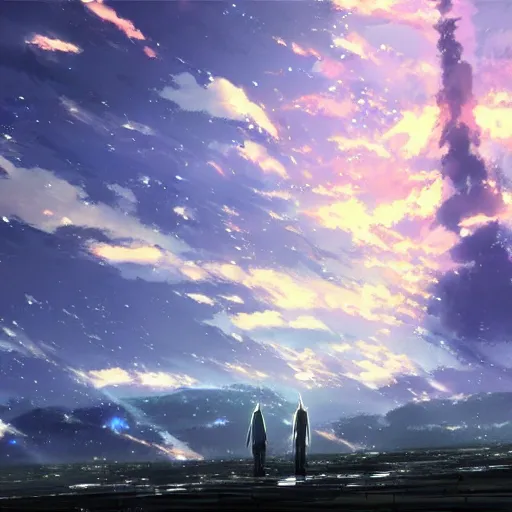 Prompt: Sheathed in the breath of the planet, a torrent of shining life. Feel its wrath, Anime concept art by Makoto Shinkai