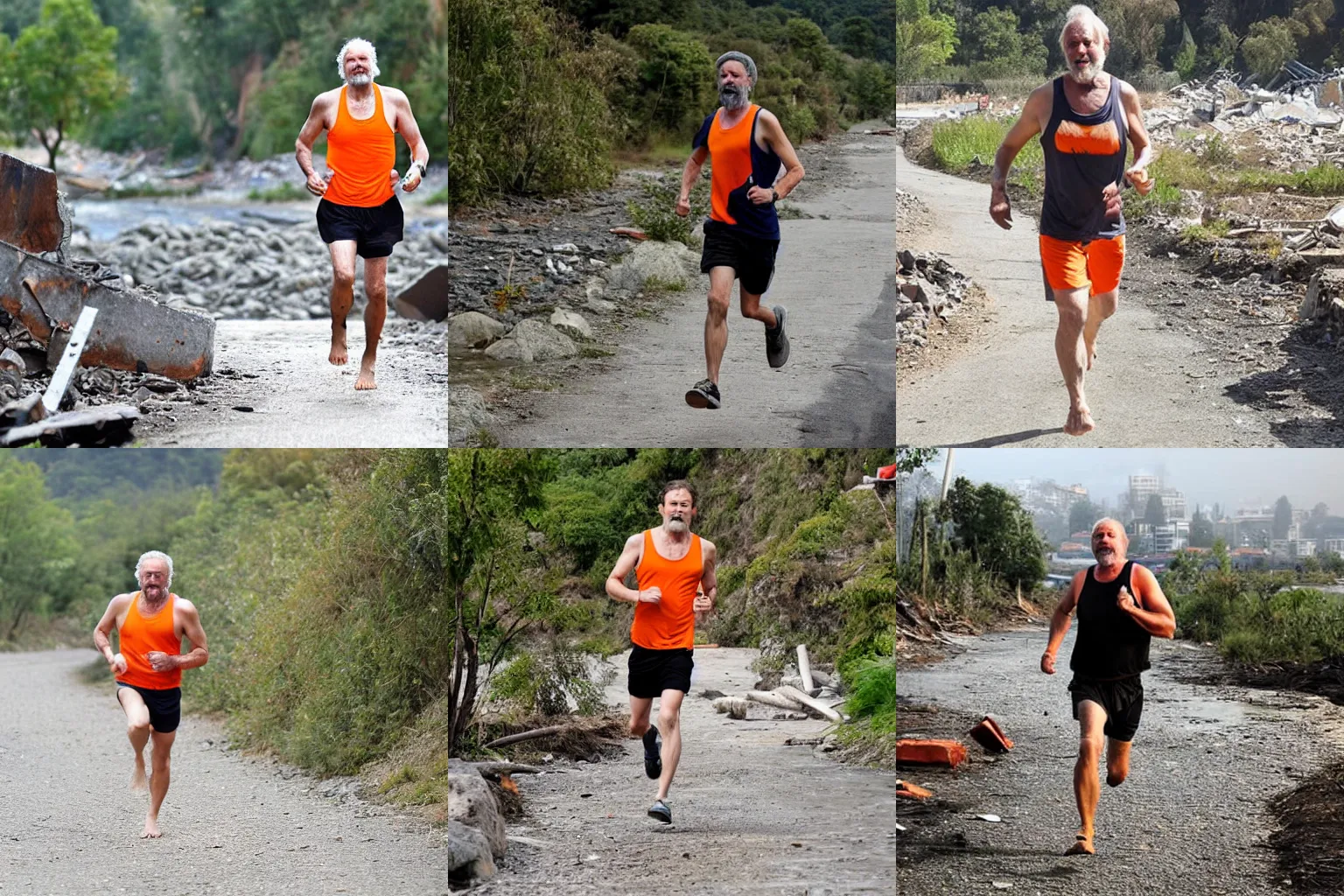 Prompt: a man with a short grey beard, orange singlet, running barefoot along a path beside a river as the city behind is destroyed in an earthquake