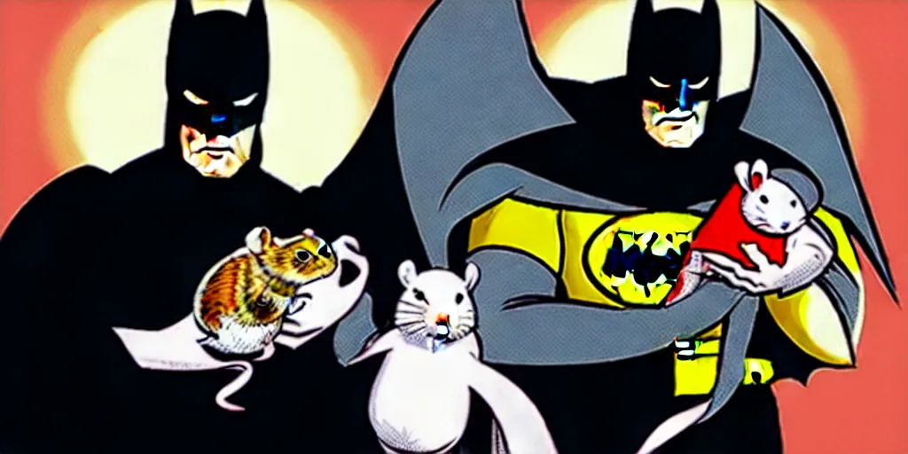 Image similar to The Batman poses with a hamster in his hand, comic book style