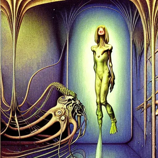 Image similar to realistic extremely detailed portrait painting of a bizarre creature sitting in the corner of an abandoned house, futuristic sci-fi landscape on background by Jean Delville, Amano, Yves Tanguy, Alphonse Mucha, Ernst Haeckel, Edward Robert Hughes, Roger Dean, rich moody colours, blue eyes