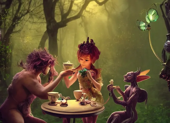 Image similar to tiny mechanical fairy having tea with a minotaur in a magical forest, having tea with a giant minotaur. Very detailed 8k. Fantasy cyberpunk horror. Sharp. Cinematic post-processing