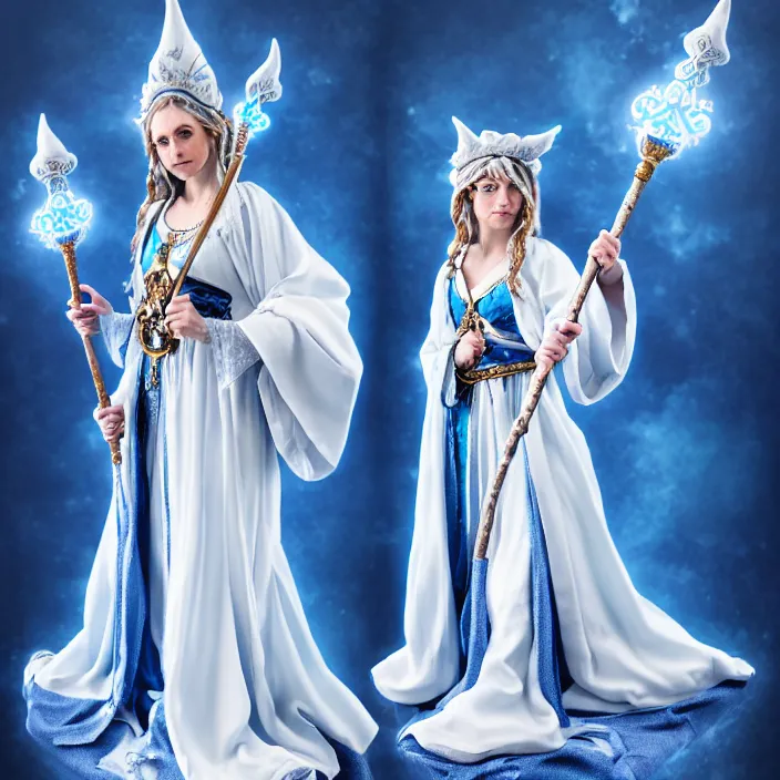 Image similar to photograph of a real-life beautiful sky witch with ornate white and blue robes and staff. Extremely detailed. 8k