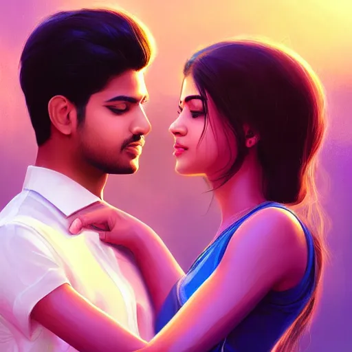 Prompt: theatrical press release ; indian young male and female couple sharing one heart ; stunning digital artwork by artgerm ; cinematic movie pose ; photorealistic, hyperrealistic, dramatic soft rim light ; highly detailed ; face by wlop ; trending on artstation ; cinematography from music video