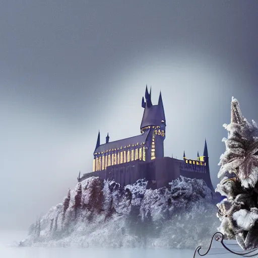 Image similar to digital art of hogwarts, winter, fog, christmas morning, 8 k, dramatic light, shadow, smooth