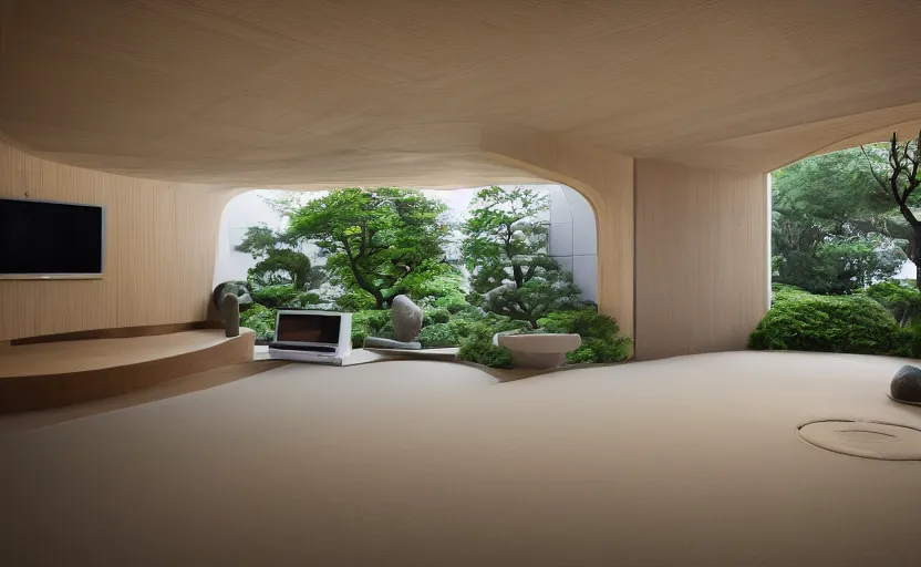 Prompt: futuristic minimalist japanese living room, zen garden, coherent composition, architecturally accurate, architecture photography, 8 k