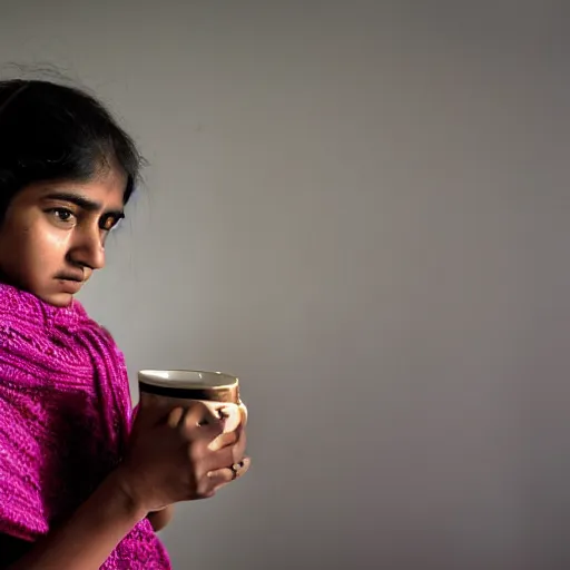 Prompt: teenage indian girl drinking a cup of tea, Cinematic, DSLR, First-Person view, Depth of Field, Full-HD, Sad, Lonely, Feng Shui, Moody Lighting, Cinematic Lighting, Studio Lighting, RTX, by Takashi Murakami