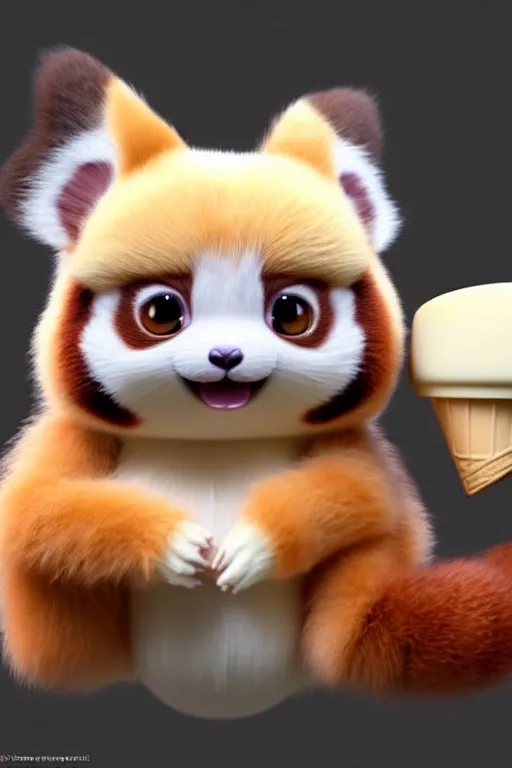 Image similar to high quality 3 d render hyperrealist very cute pastel fluffy! red panda & tarsier hybrid eating giant ice cream full body, vray smooth, in the style of detective pikachu, charlie immer, very dramatic light, low angle, uhd 8 k, shallow depth or field