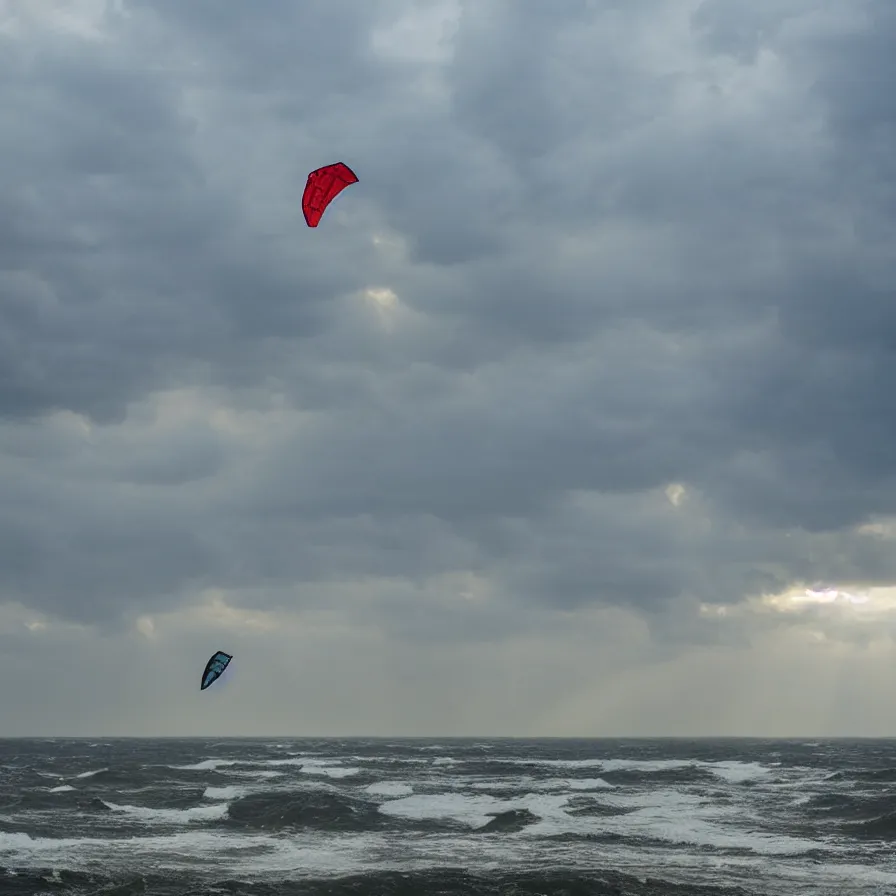 Prompt: Image from afar, a large kite flying, the sea hits the large stones with force, the clouds let through subtle rays of light