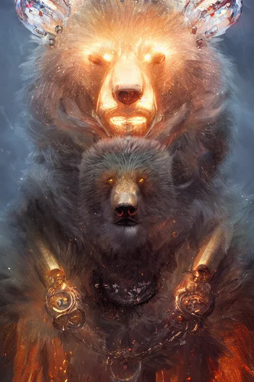 Image similar to a portrait of a crystalized bear god by Greg Rutkowski, Sung Choi, Mitchell Mohrhauser, Maciej Kuciara, Johnson Ting, Maxim Verehin, Peter Konig, final fantasy , mythical, 8k photorealistic, cinematic lighting, HD, high details, atmospheric,