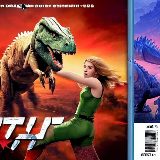 Image similar to scarlett johansson fighting a dinosaur, video game cover, high quality