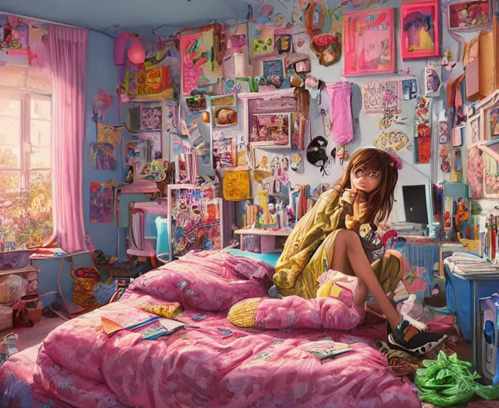 Image similar to highly detailed colorful illustration of a teenager in her room in the 9 0's, very detailed, unreal engine, octane render, 4 k, clean shaped illustration by kim jung gi, ron english and eiichiro oda