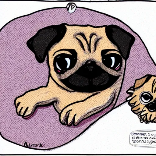 Image similar to a pug dreaming about a well designed hedgehog toy, in the style of a comic book,