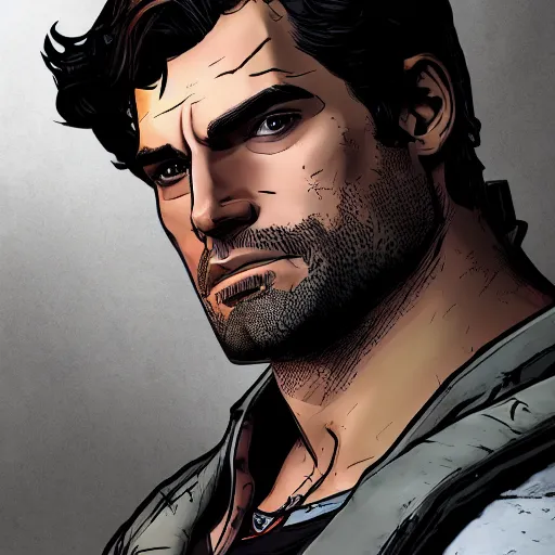 Image similar to henry cavill portrait, borderlands, tales from the borderlands, the wolf among us, comic, cinematic lighting, studio quality, 8 k