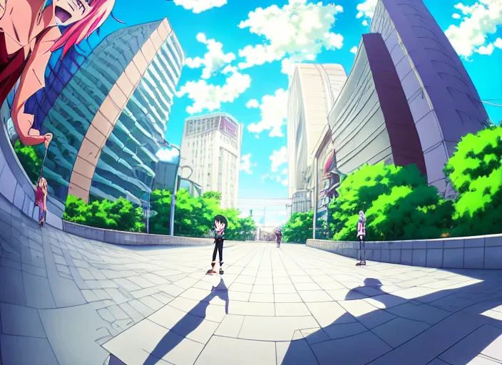 Prompt: anime key visual of a street skater riding on side walk, downtown tampa florida background. by studio gainax, studio trigger, detailed, sharp, slice of life, fish eye lens