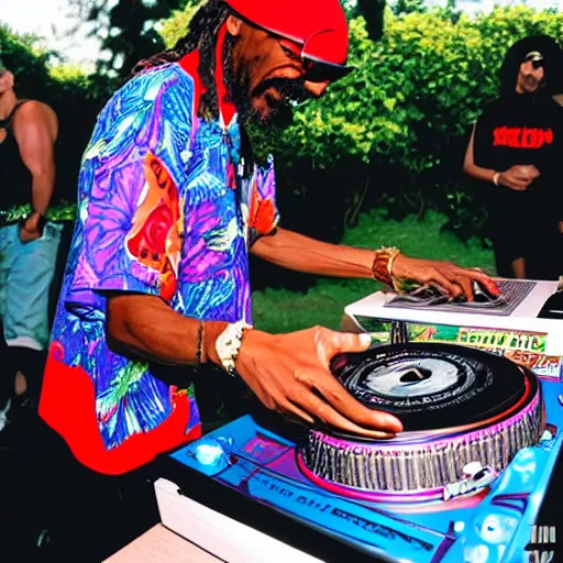 Prompt: Snoop Dogg wearing a bucket hat and a hawaii shirt playing vinyl records on DJ turntables at an outdoor bar, children\'s book drawing