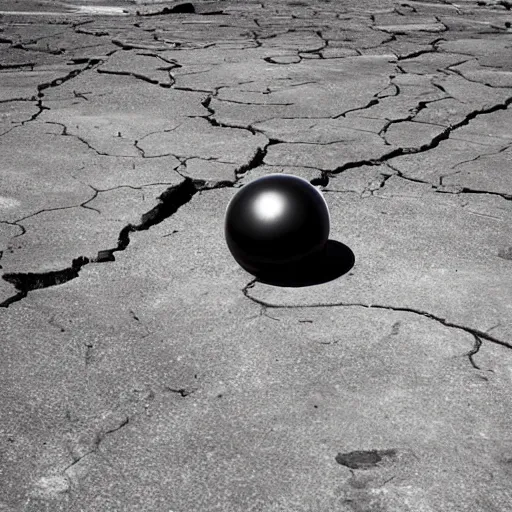 Image similar to A giant shiny black sphere, crashed in the ground, cracks, gas fire in cracks, viewed from the side, hd photograph