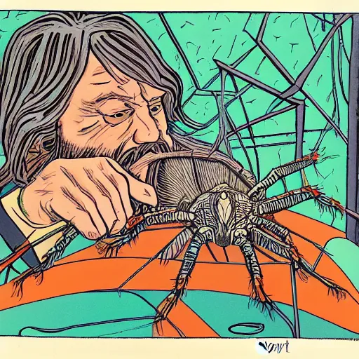 Image similar to robert wyatt sitting alongside giant spiders, illustration by robert wyatt