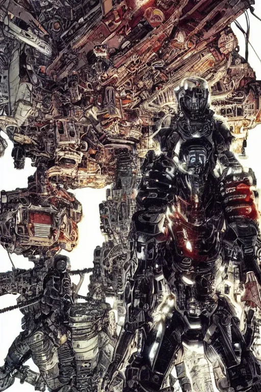 Prompt: cyborg bounty hunters at dawn, a color cover illustration by tsutomu nihei, tetsuo hara and katsuhiro otomo