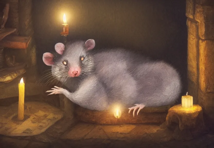 Image similar to cute possum sleeping on a bed in a medieval cluttered cottage at night under the dim light of a candle, dark fantasy, dreaming illusion, trending on artstation