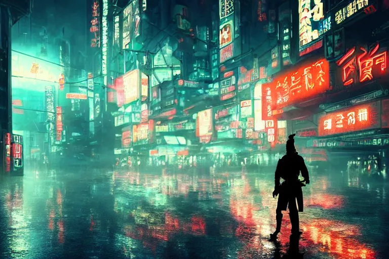 Image similar to Samurai with a sword stands infront of cyberpunk city, in theme of bladerunner movie, year 2077 raining, neon lights, night, realism. Beautiful lighting, highly detailed digital art, trending on artstation.