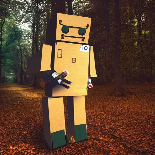 Prompt: robot made of a cardboard box, crayon face, walking through the forest, dof, cinematic lighting, hyperrealistic, extremely detailed,