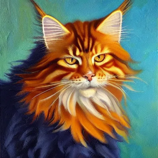 Prompt: Beautiful impasto Oil painting of an orange Maine-coon with a white beard. wearing a wide-brimmed straw sombrero sombrero
