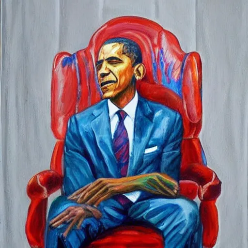 Prompt: a painting by Okeke Chukwuka Francis of Barak Obama sitting in a chair